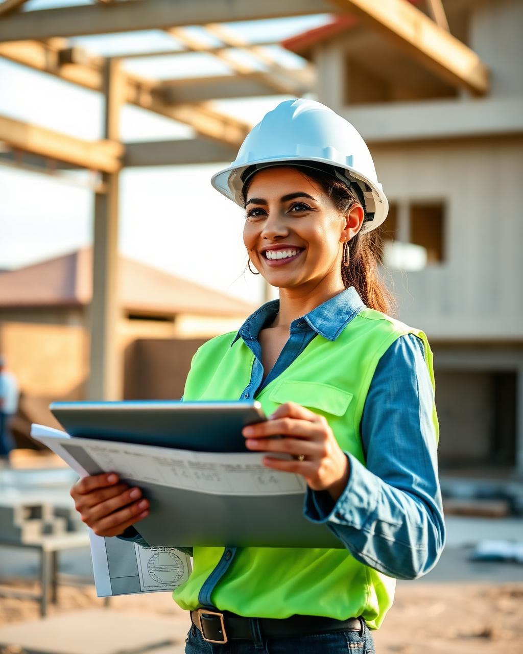 Arquiteta com projeto em mãos no canteiro de obras