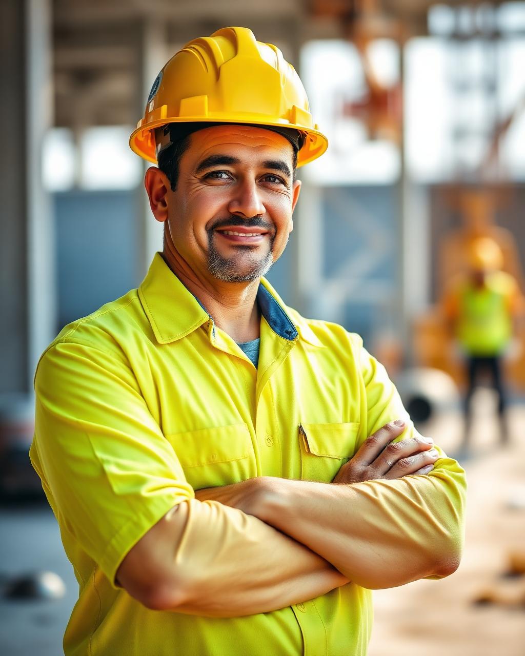 Mestre de obras com capacete em canteiro de obras